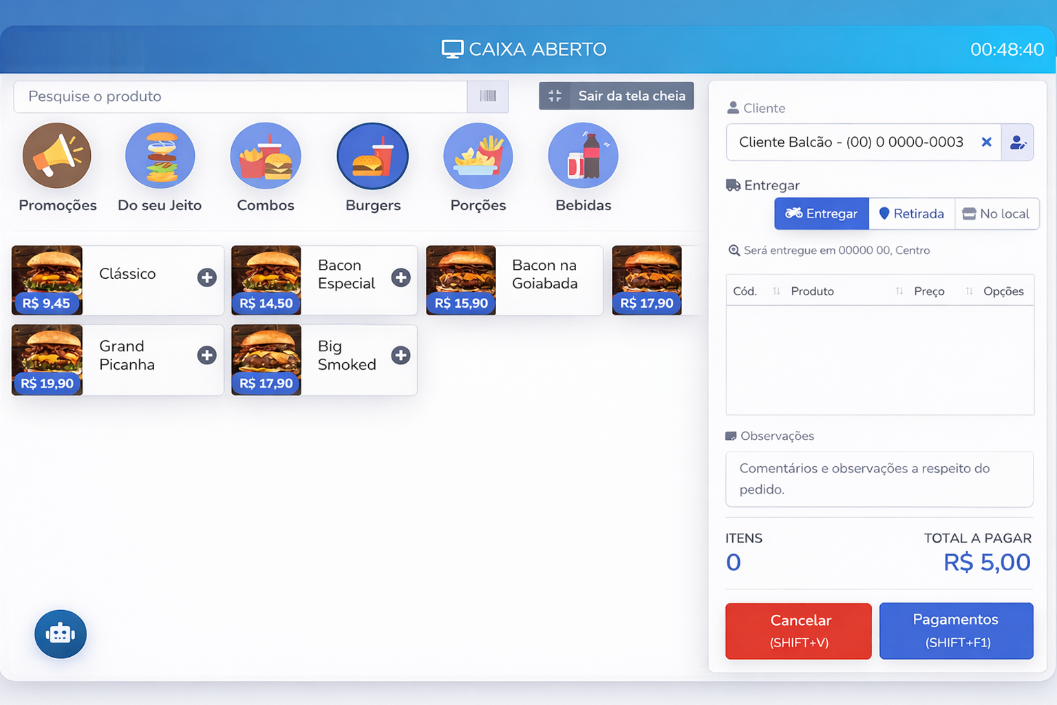 Tela de pedidos do sistema Teksys 